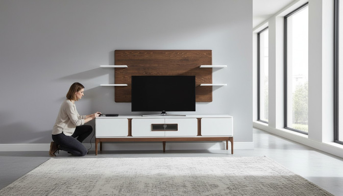 Estilo de conjunto de sala de estar, composición de 2 piezas. Cómoda, panel de pared para TV, muros de sala de estar.