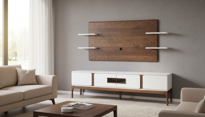 Estilo de conjunto de sala de estar, composición de 2 piezas. Cómoda, panel de pared para TV, muros de sala de estar.