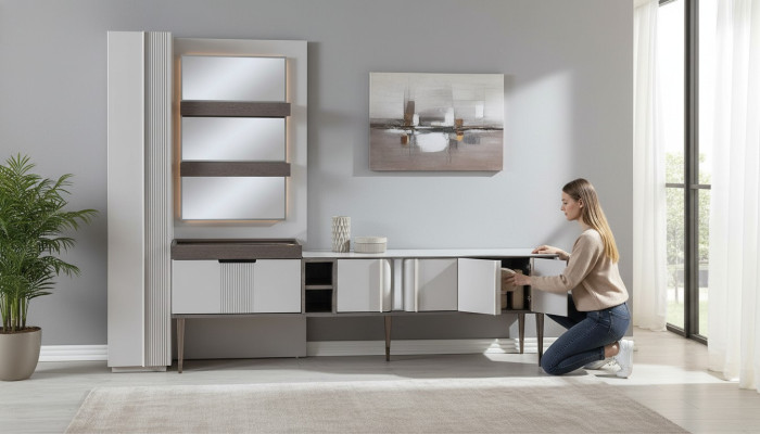 Mueble de pared exclusivo color blanco, muebles de diseño para sala de estar con iluminación LED.