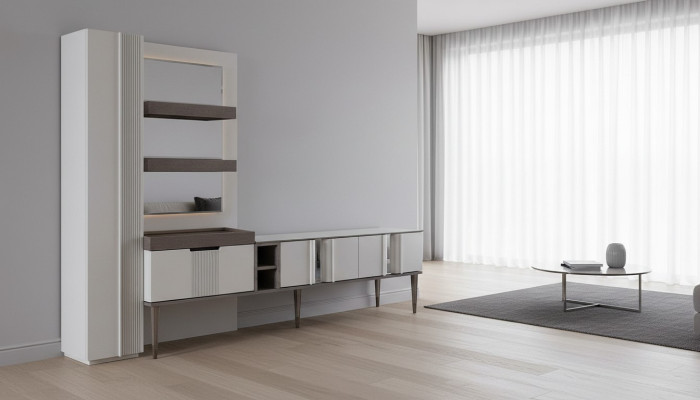 Mueble de pared exclusivo color blanco, muebles de diseño para sala de estar con iluminación LED.