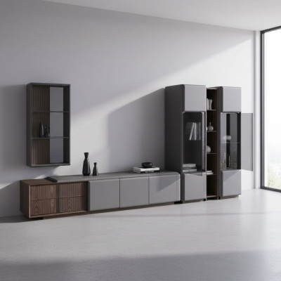 Conjunto exclusivo de sala de estar: mueble de TV, 2 vitrinas, estante de pared, 4 piezas.