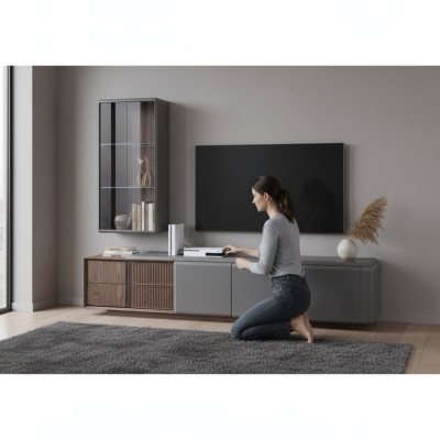 Conjunto de sala de estar de diseñador con armario de TV y estante de pared exclusivo, estante de 2 piezas.