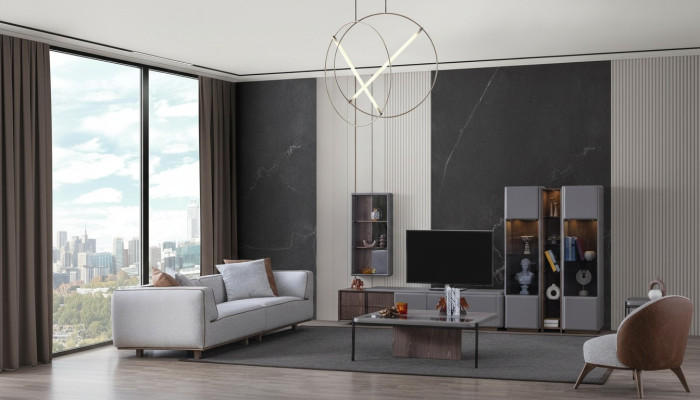 Juego de sala de estar de diseñador de 7 piezas. Moderno conjunto de sala de estar, armario de pared de sala de estar.
