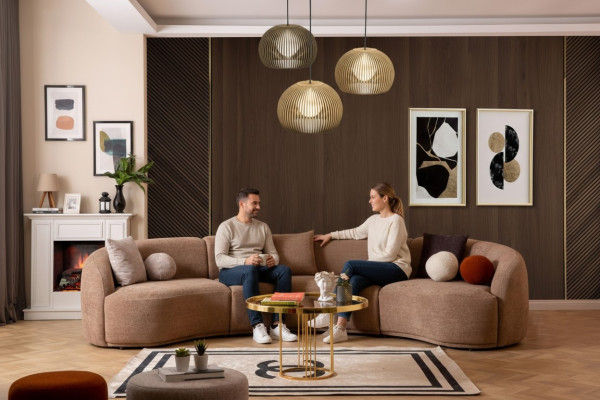 Sofá redondo de diseñador marrón - Conjunto de esquina de muebles modernos de lujo para la sala de estar.