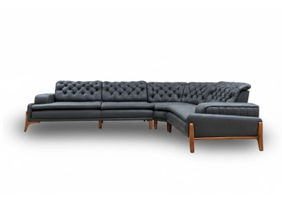 Sofá de esquina de lujo en forma de L con sistema de música moderno, gris, muebles tapizados de cuero artificial.