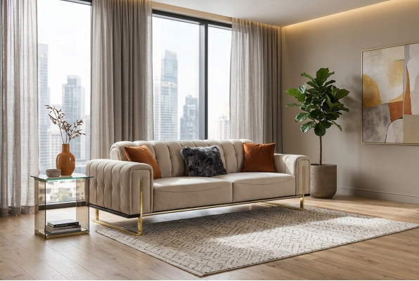 Sofá de 3 plazas moderno en color beige, de 240 cm de tamaño para la sala de estar de lujo.