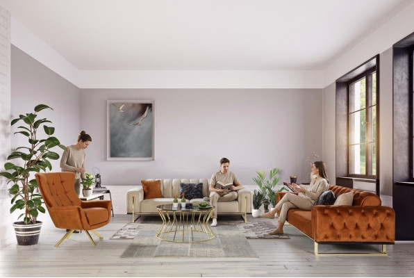 Diseñador Chesterfield, conjunto de 3 piezas, 2 sofás de 3 plazas y un sillón, moderno, de tres plazas.