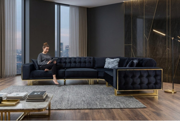 Sofá esquinero exclusivo moderno en forma de L, estilo de diseño, muebles de salón, conjunto de esquinero.