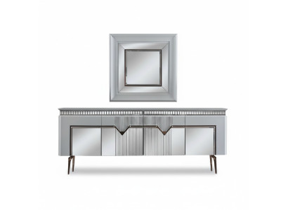 Juego de comedor de diseñador compuesto por aparador de 2 piezas, espejo y cómoda en color plata.