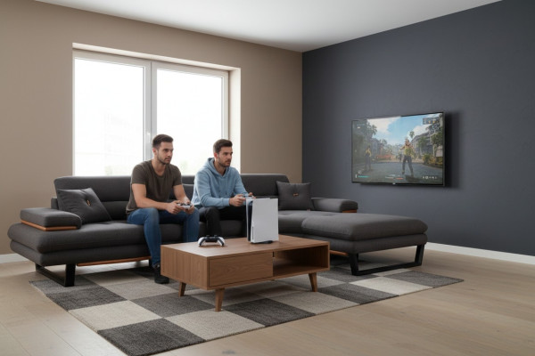 Sofá de esquina gris en forma de L, diseño moderno, mobiliario de sala de estar, sofá de esquina.