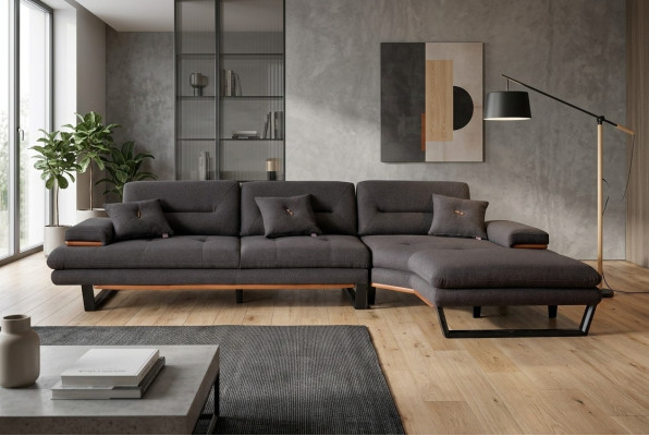 Sofá de esquina gris en forma de L, diseño moderno, mobiliario de sala de estar, sofá de esquina.