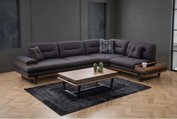 Sofá de esquina en forma de L de lujo en gris estilo de salón, conjunto de diseño de esquina.