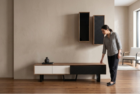 Conjunto de pared para sala de estar con soporte para TV, 2 armarios colgantes, diseños de pared de diseñador.