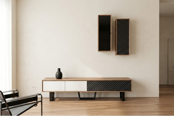 Conjunto de pared para sala de estar con soporte para TV, 2 armarios colgantes, diseños de pared de diseñador.