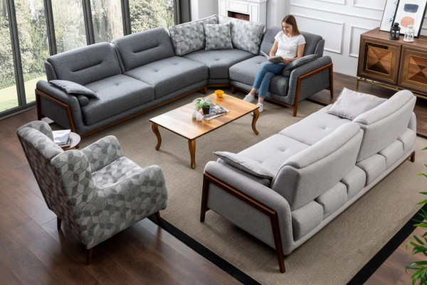 Conjunto de sala de estar sofá esquinero en forma de L gris tapizado 3 +1 plazas textil