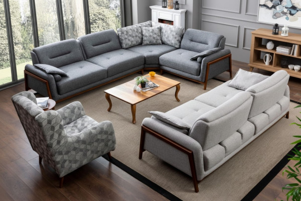 Conjunto de sala de estar sofá esquinero en forma de L gris tapizado 3 +1 plazas textil