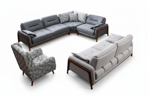 Conjunto de sala de estar sofá esquinero en forma de L gris tapizado 3 +1 plazas textil