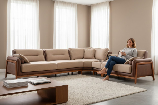 Sofá esquinero de lujo en forma de L en beige para sala de estar, sofá multifuncional moderno.