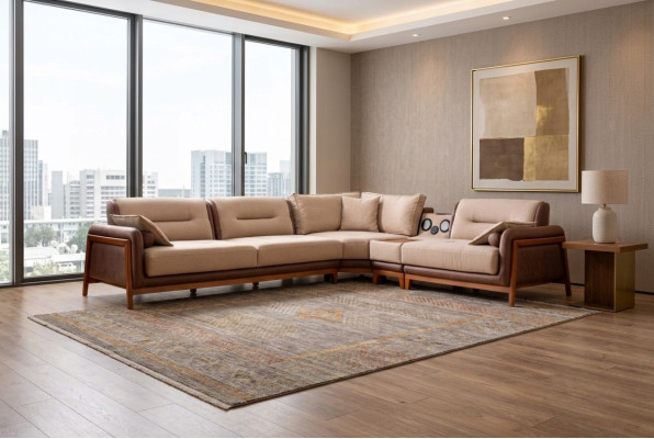 Sofá esquinero de lujo en forma de L en beige para sala de estar, sofá multifuncional moderno.