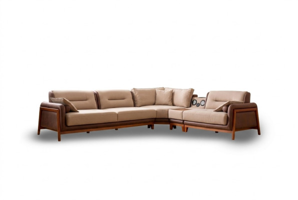 Sofá esquinero de lujo en forma de L en beige para sala de estar, sofá multifuncional moderno.