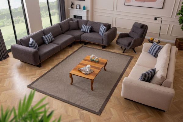 Conjunto de sala de estar de diseñador, sofá en forma de L, sofá de 3 plazas, rincón y 3 piezas.