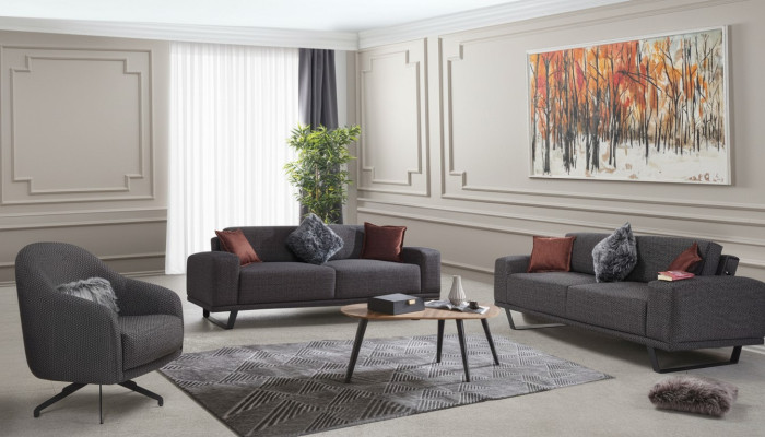 Conjunto de sala de estar de lujo compuesto por un sofá de diseño de color negro de 3 piezas.