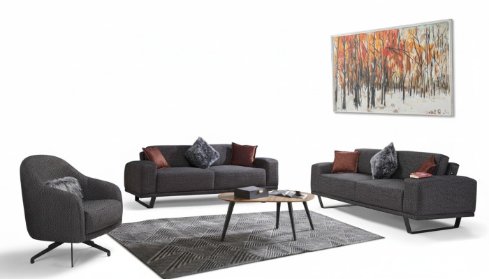 Conjunto de sala de estar de lujo compuesto por un sofá de diseño de color negro de 3 piezas.
