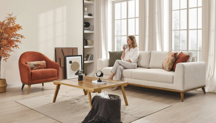 Sofá 3 + 1 plazas de diseño, conjunto de muebles de 2 piezas en beige, sofá de tela.