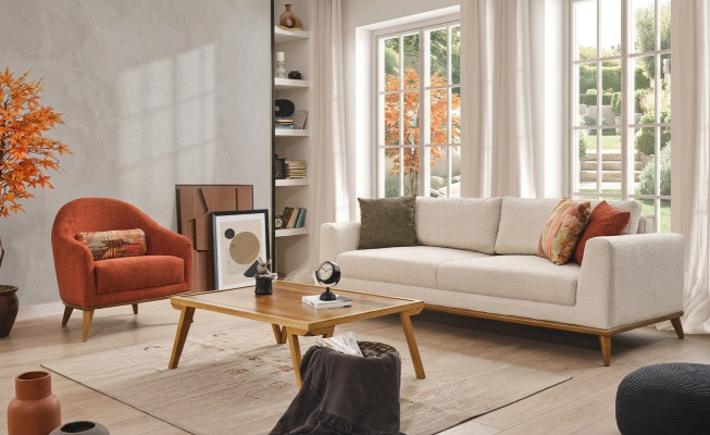 Sofá 3 + 1 plazas de diseño, conjunto de muebles de 2 piezas en beige, sofá de tela.