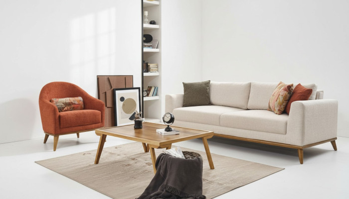 Sofá 3 + 1 plazas de diseño, conjunto de muebles de 2 piezas en beige, sofá de tela.