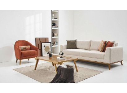 Sofá 3 + 1 plazas de diseño, conjunto de muebles de 2 piezas en beige, sofá de tela.
