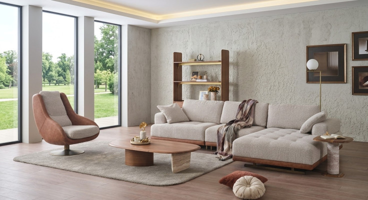 Elegante conjunto de sala de estar de 2 piezas. Sofá de lujo en forma de L + juego de sillones de diseñador.
