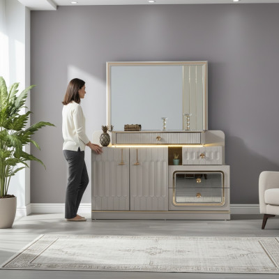 Cómoda de lujo con espejo Dormitorio muebles estilo blanco Mueble aparador.