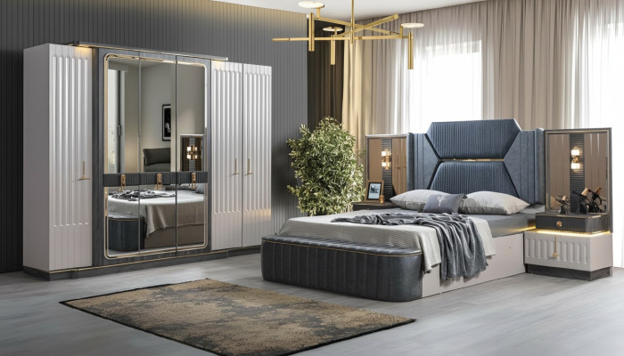 Set de dormitorio Cama 2 mesitas de noche Armario de 4 piezas Diseño Armario