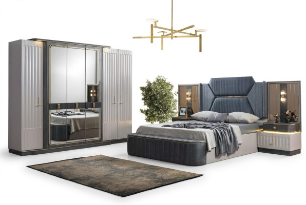 Set de dormitorio Cama 2 mesitas de noche Armario de 4 piezas Diseño Armario