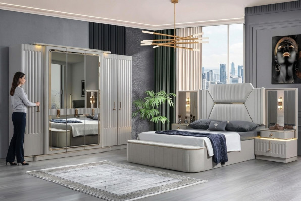 Conjunto de dormitorio de 4 piezas de muebles de diseñador: cama, 2 mesitas de noche, armario. Nuevo.