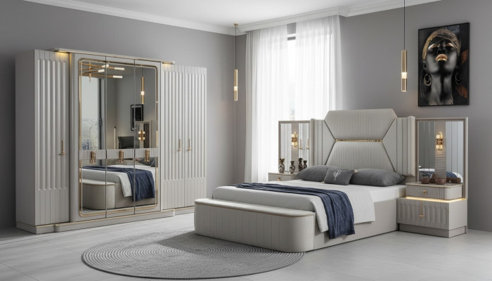 Conjunto de dormitorio de 4 piezas de muebles de diseñador: cama, 2 mesitas de noche, armario. Nuevo.