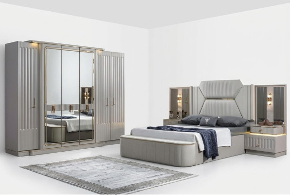 Conjunto de dormitorio de 4 piezas de muebles de diseñador: cama, 2 mesitas de noche, armario. Nuevo.
