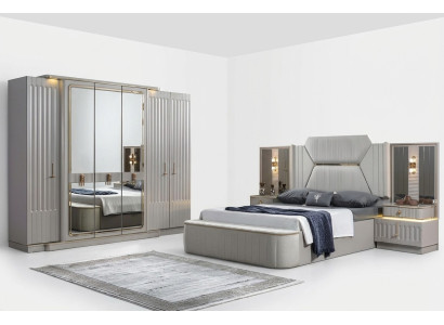 Conjunto de dormitorio de 4 piezas de muebles de diseñador: cama, 2 mesitas de noche, armario. Nuevo.