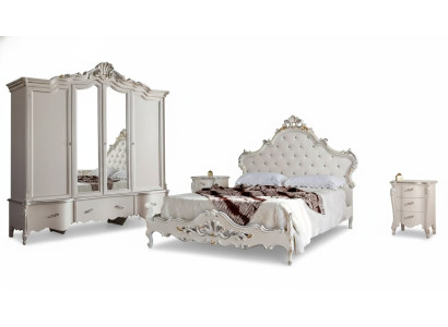 Conjunto de dormitorio blanco - Cama clásica, 2 mesitas de noche, armario.
