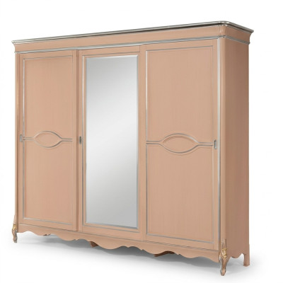 Armario de dormitorio beige de 3 puertas de madera maciza, mueble clásico.