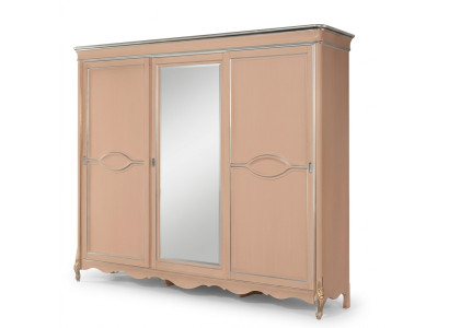Armario de dormitorio beige de 3 puertas de madera maciza, mueble clásico.
