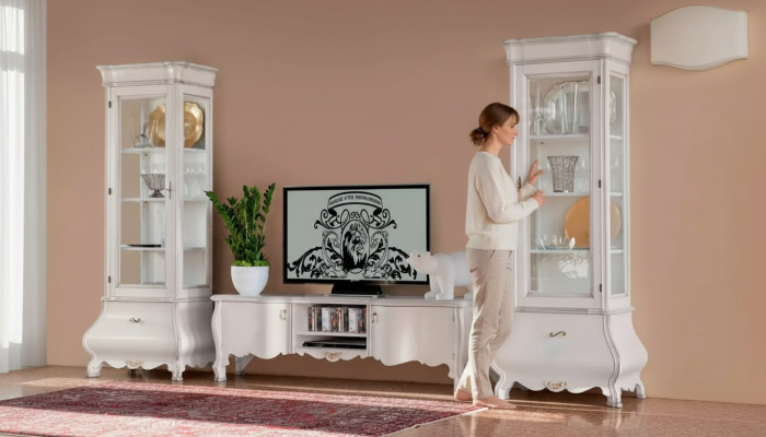 Mueble de salón de lujo blanco, 2 vitrinas, soporte de TV clásico.