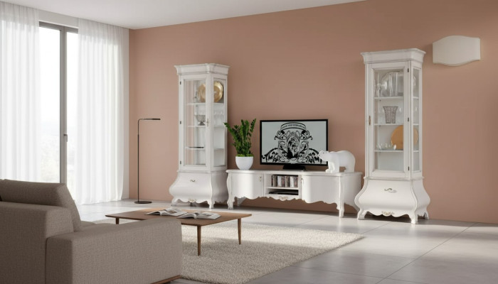 Mueble de salón de lujo blanco, 2 vitrinas, soporte de TV clásico.