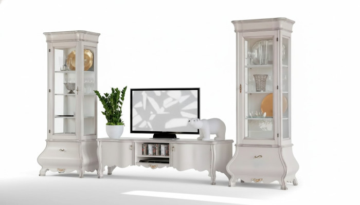 Mueble de salón de lujo blanco, 2 vitrinas, soporte de TV clásico.