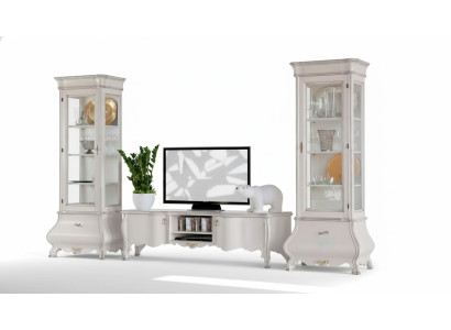 Mueble de salón de lujo blanco, 2 vitrinas, soporte de TV clásico.