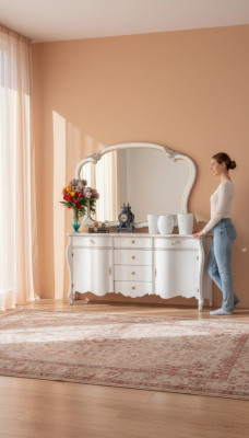 Mueble de diseño de madera, estilo cómoda con espejo y aparador.