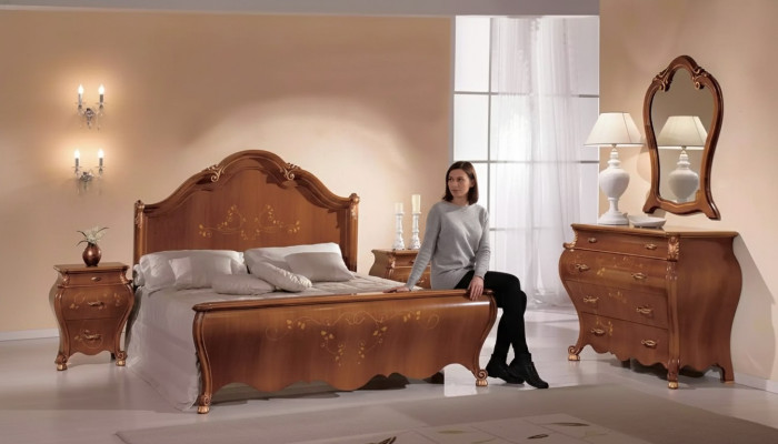 Juego de dormitorio marrón Set Lujo Muebles Camas Mesitas de noche Espejo Cómoda