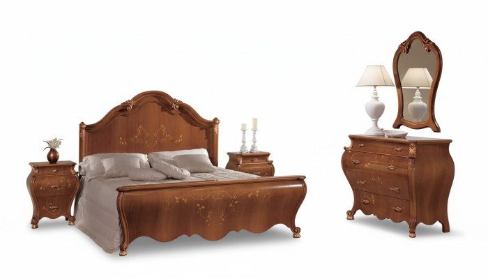 Juego de dormitorio marrón Set Lujo Muebles Camas Mesitas de noche Espejo Cómoda