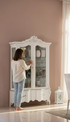 Vitrina de vidrio blanco escaparate de muebles de salón italiano.